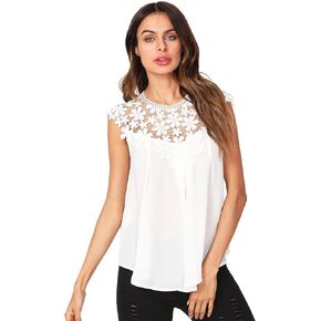 Floerns Women's Lace Neckline Sleeveless Chiffon Blouse Top