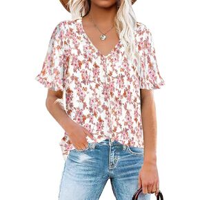 luvamia Women's Casual V Neck Tops Ruffle Short Sleeve Blouses Button Down Shirts