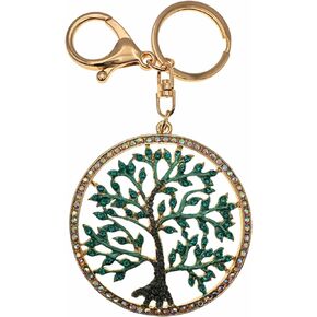 Evenchae Tree of Life Keychain - Rhinestones, Drawstring Bag, Gold Filigreed Back - 5 in Long