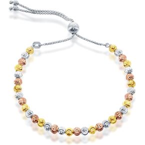 925 Sterling Silver Italian Adjustable Bolo Silver Bracelets For Women Diamond Cut, Moonbeads Beaded Silver Bracelet