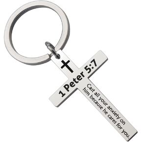 CHENVA Bible Verse Cross Keychain Strength Bible Verse Stainless Steel Key Ring Christian Gift for Women Men