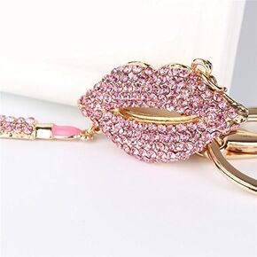 Hot Lips with Lipstick Keychain Crystal Sparkling Keyring Rhinestones Purse Pendant Handbag Charm Gift Pouch included (Pink)