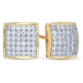 Yellow Gold Two Tone 925 Sterling Silver Mens Small 3D Square Iced Micro Pave Set 5A Cz Stone Hypoallergenic Hip Hop Cube Shape Screw Back Post Earrings
