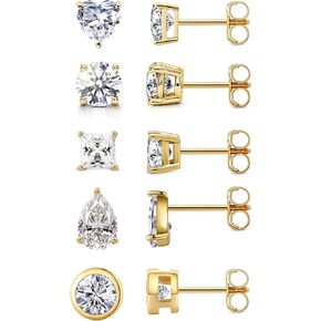 5 Pairs 14K Gold Plated CZ Stud Earrings for Women Men Girls, 925 Sterling Silver Post Simulated Diamond Round Square Pear Shape Water Drop Shape Heart Shape Hypoallergenic Clear Cubic Zirconia Ear Pierced Stud Set