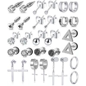 Ofeiyaa 15 Pairs Stainless Steel Drop Earrings Cross Round Dangle Earrings Hoop Huggie Long Chain CZ Piercing Stud Earrings Set for Men Women Silver Black Tone