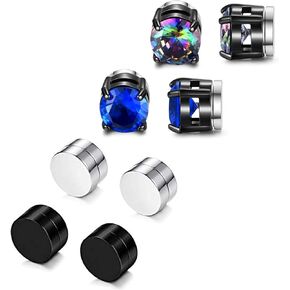 4 Pairs Stainless Steel Magnetic Stud Earrings for Men Women CZ Magnet Non Pierced Clip On Earrings Set 6MM