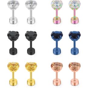 Ruifan 18G Stainless Steel Cubic Zirconia Screw Back Tragus Cartilage Helix Earring Stud Jewelry Set For Women Men 4-6mm 6Pairs