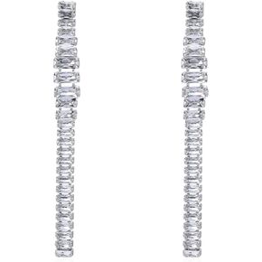 Silver Rhinestone Statement Dangling Linear Drop Earrings | Full Cubic Zirconia Bridal Jewelry Long Earrings for Wedding Party