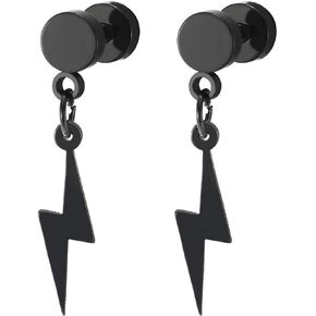 Pair of Black Barbell Circle Screw Stud Earrings with Dangling Lightning Bolt, Unisex Men Women