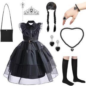 MYDRESS Black Dress Up Costume for Girls Birthday Halloween Cosplay Party with Wig Socks Belts 3-9 Years