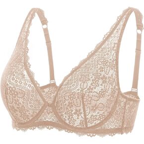 DOBREVA Women's Lace Plunge Bra Sexy Underwire Bralette Plus Size See Through Unlined Bras