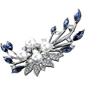 Blue Crystal Flower Brooch Rhinestone Plant Party Office Brooch Lapel Pins Pearl Brooches For Women Men Dress Coat Accessories Gifts, Alloy Steel, no gemstone in Kuwait