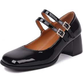 Mary Jane Shoes Women Chunky Heel Buckle Strap Rhinestones Low Block Heels Close Square Toe Mary Jane Pumps Dress Shoes