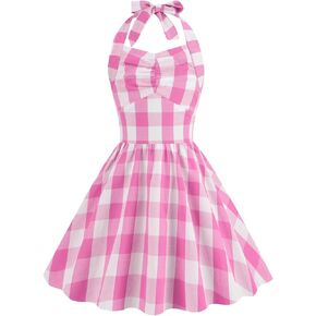 IDOPIP Halloween Christmas Costume for Girls Kids Pink Plaid Dress Halter Retro Princess Birthday Party Dress up Outfit 4-9Y