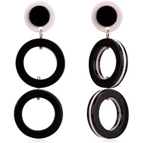 QUPENGXU Unique Lightweight Black White Hollow Circle Round Acrylic Dangle Drop Stud Earrings Statement Bicircular Rotatable Earrings For Women Girls Jewelry