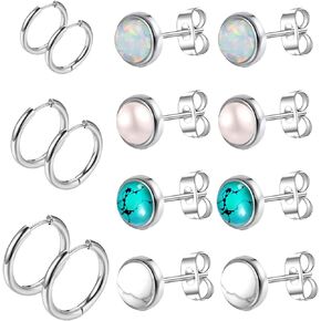 7 Pairs Surgical Stainless Steel Earrings |Hypoallergenic Opal Earrings | Turquoise Pearl Earring Set for Women Men Small Huggie Hoop 20 Gauge Earrings Sets for Multiple Piercing Jewelry