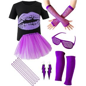 LATOBREATH Girls 80s Glow Party Accessories Set Halloween Costume Outfits T-Shirt Cosplay 1980s Clothing Funny