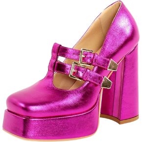 Richealnana Women's Mary Jane Style Pumps Shoes Square Toe Buckle Strap High Heeled Platform Pumps
