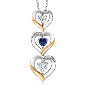 Gem Stone King 925 Silver and 10k Yellow Gold Customized and Personalized 5MM and 4MM Heart Shape Gemstone Birthstone and White Lab Grown Diamond Triple Heart Pendant Necklace For Women