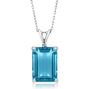 Gem Stone King 925 Silver Swiss Blue Topaz and White Topaz Pendant Necklace For Women (9.72 Cttw, Gemstone November Birthstone, Emerald Cut 14X10MM, with 18 Inch Silver Chain)