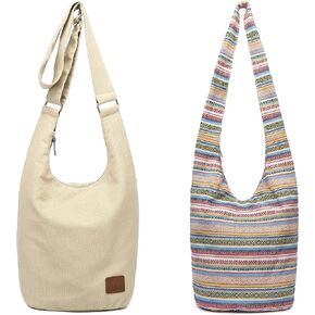 Hippie Crossbody Bag Large size Top Zip Cotton Sling Bag Jacquard cloth Handmade Bags