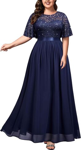 Miusol Women's Plus Size Sequin Lace Round Neck Butterfly Sleeves Formal Evening Maxi Dress in Saudi Arabia