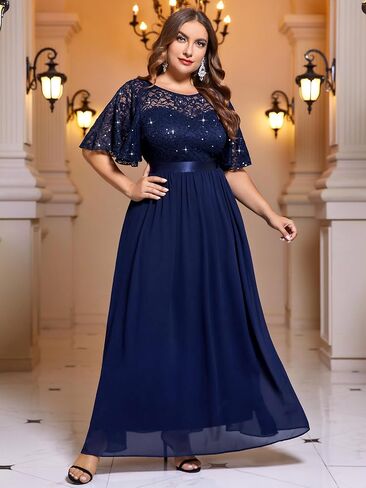Miusol Women's Plus Size Sequin Lace Round Neck Butterfly Sleeves Formal Evening Maxi Dress in Saudi Arabia