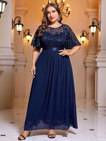 Miusol Women's Plus Size Sequin Lace Round Neck Butterfly Sleeves Formal Evening Maxi Dress in Saudi Arabia
