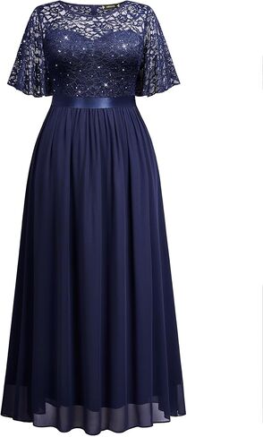 Miusol Women's Plus Size Sequin Lace Round Neck Butterfly Sleeves Formal Evening Maxi Dress in Saudi Arabia