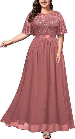 Miusol Women's Plus Size Sequin Lace Round Neck Butterfly Sleeves Formal Evening Maxi Dress in Saudi Arabia
