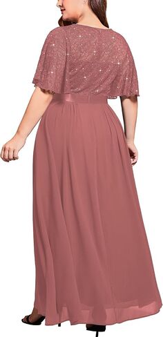 Miusol Women's Plus Size Sequin Lace Round Neck Butterfly Sleeves Formal Evening Maxi Dress in Saudi Arabia