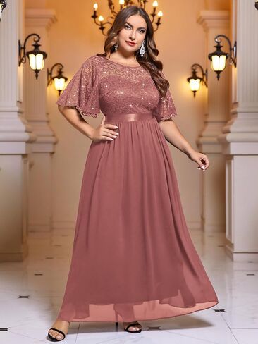 Miusol Women's Plus Size Sequin Lace Round Neck Butterfly Sleeves Formal Evening Maxi Dress in Saudi Arabia