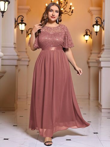 Miusol Women's Plus Size Sequin Lace Round Neck Butterfly Sleeves Formal Evening Maxi Dress in Saudi Arabia
