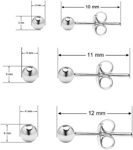 Silverline Jewelry - 3 Pairs Sterling Silver Ball Stud Earrings Set, 2mm, 3mm, 4mm Ball Studs in 4 Colors in Saudi Arabia