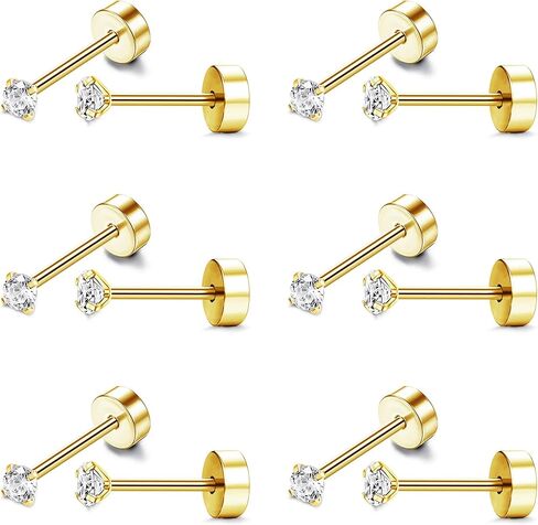 Stainless Steel 2MM CZ Stud Earrings for Men Women 18G Cartilage Earrings Stud Piercing Tiny Cubic Zirconia Stud Earrings Small Stud Earrings Screw Flat Back Earrings Set in Saudi Arabia