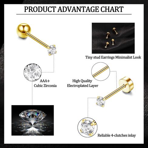 Stainless Steel 2MM CZ Stud Earrings for Men Women 18G Cartilage Earrings Stud Piercing Tiny Cubic Zirconia Stud Earrings Small Stud Earrings Screw Flat Back Earrings Set in Saudi Arabia
