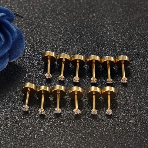 Stainless Steel 2MM CZ Stud Earrings for Men Women 18G Cartilage Earrings Stud Piercing Tiny Cubic Zirconia Stud Earrings Small Stud Earrings Screw Flat Back Earrings Set in Saudi Arabia