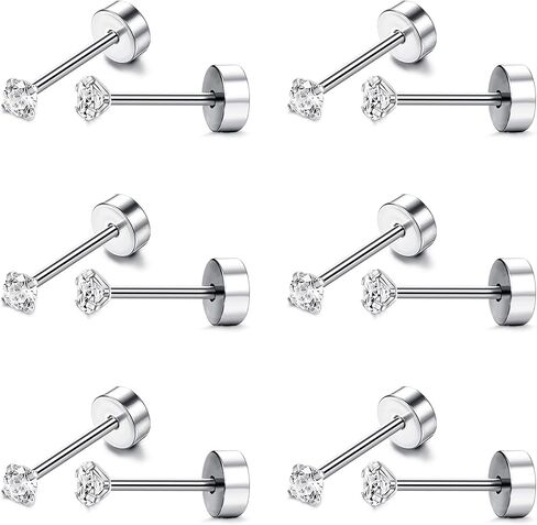 Stainless Steel 2MM CZ Stud Earrings for Men Women 18G Cartilage Earrings Stud Piercing Tiny Cubic Zirconia Stud Earrings Small Stud Earrings Screw Flat Back Earrings Set in Saudi Arabia