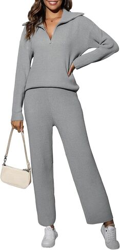 Ekouaer Women's Two Piece Outfits Half Zip Sweater Sets Long Sleeve Knit Pullover and Wide Leg Pants Lounge Sets(Light Grey,Small) in Saudi Arabia