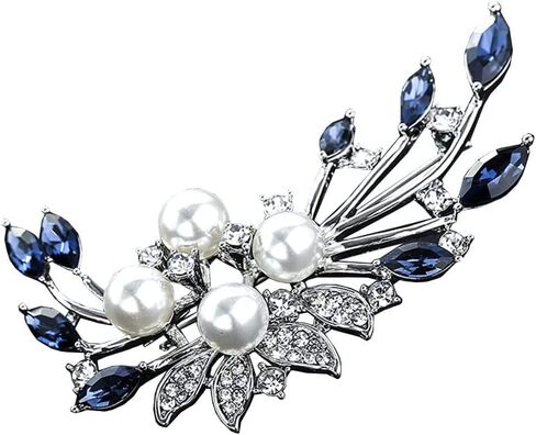 Blue Crystal Flower Brooch Rhinestone Plant Party Office Brooch Lapel Pins Pearl Brooches For Women Men Dress Coat Accessories Gifts, Alloy Steel, no gemstone in Kuwait