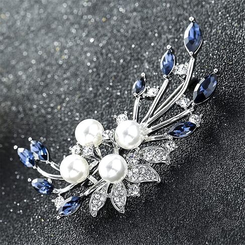 Blue Crystal Flower Brooch Rhinestone Plant Party Office Brooch Lapel Pins Pearl Brooches For Women Men Dress Coat Accessories Gifts, Alloy Steel, no gemstone in Kuwait