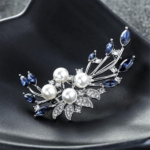 Blue Crystal Flower Brooch Rhinestone Plant Party Office Brooch Lapel Pins Pearl Brooches For Women Men Dress Coat Accessories Gifts, Alloy Steel, no gemstone in Kuwait