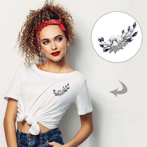Blue Crystal Flower Brooch Rhinestone Plant Party Office Brooch Lapel Pins Pearl Brooches For Women Men Dress Coat Accessories Gifts, Alloy Steel, no gemstone in Kuwait