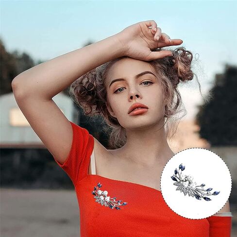 Blue Crystal Flower Brooch Rhinestone Plant Party Office Brooch Lapel Pins Pearl Brooches For Women Men Dress Coat Accessories Gifts, Alloy Steel, no gemstone in Kuwait