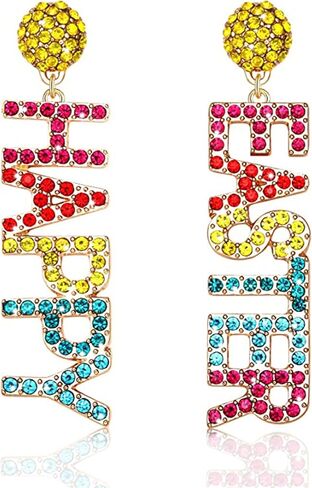 Easter Rhinestone Letter Drop Earrings Colorful Happy Easter Enamel Dangle Statement Earrings Easter Blessings Earrings For Women and Girls Easter Jewelry Gifts in Saudi Arabia