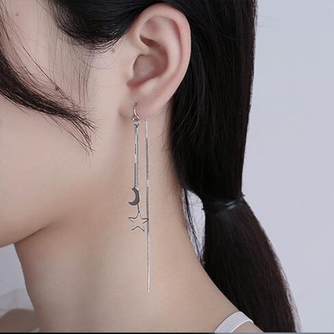 أزياء أنيقة القمر ستار شرابة خيط قطرة تتدلى الأقراط الحد الأدنى الجوف نجمة الفضة مطلي سلسلة طويلة الأقراط المتدلية هيبوالرجينيك مجوهرات هدايا للنساء الفتيات in Kuwait