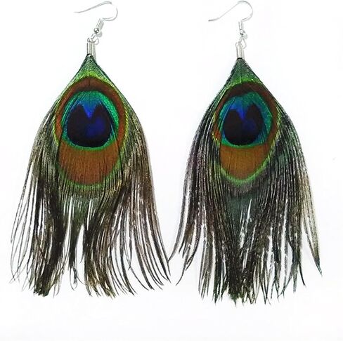 Bohemian Long Peacock Feather Earrings for Women Girls Boho Handmade Vintage Colorful Animal Fur Tassel Chandelier Lightweight Elengant Dangle Drop Earrings for Ethnic Style Party Festival Jewelry Gifts in Saudi Arabia