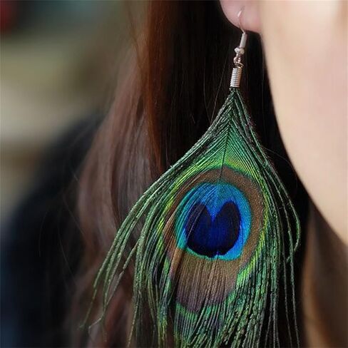 Bohemian Long Peacock Feather Earrings for Women Girls Boho Handmade Vintage Colorful Animal Fur Tassel Chandelier Lightweight Elengant Dangle Drop Earrings for Ethnic Style Party Festival Jewelry Gifts in Saudi Arabia