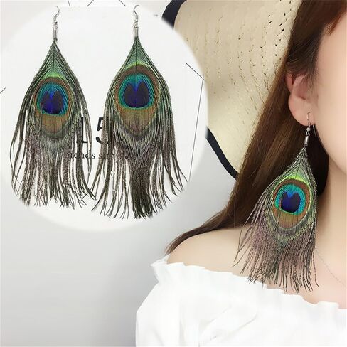 Bohemian Long Peacock Feather Earrings for Women Girls Boho Handmade Vintage Colorful Animal Fur Tassel Chandelier Lightweight Elengant Dangle Drop Earrings for Ethnic Style Party Festival Jewelry Gifts in Saudi Arabia