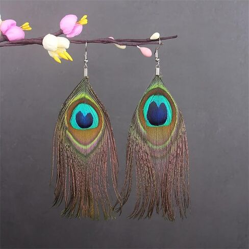 Bohemian Long Peacock Feather Earrings for Women Girls Boho Handmade Vintage Colorful Animal Fur Tassel Chandelier Lightweight Elengant Dangle Drop Earrings for Ethnic Style Party Festival Jewelry Gifts in Saudi Arabia